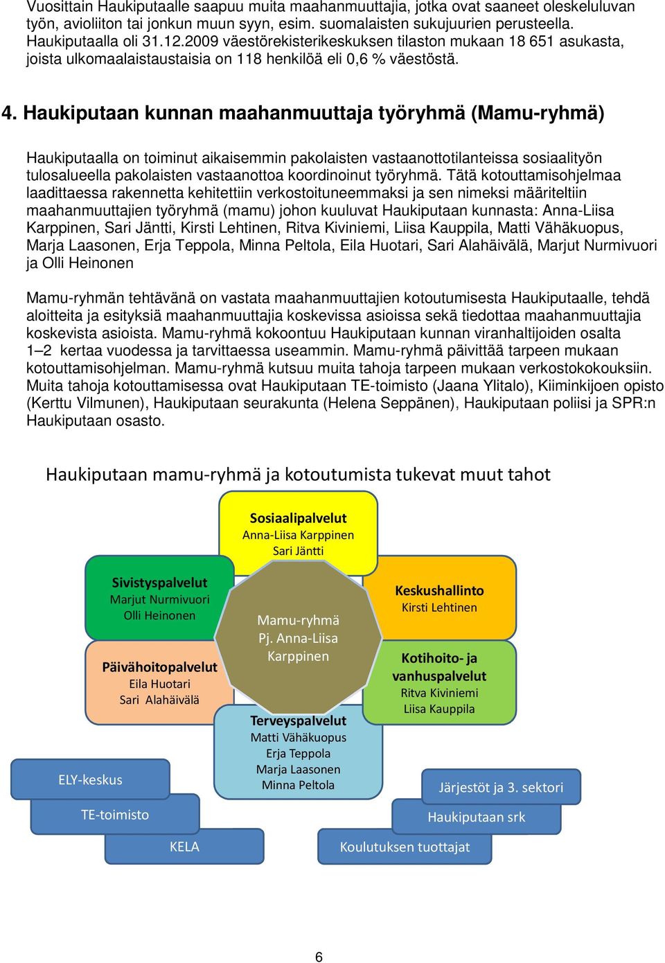 Haukiputaan kunnan maahanmuuttaja työryhmä (Mamu-ryhmä) Haukiputaalla on toiminut aikaisemmin pakolaisten vastaanottotilanteissa sosiaalityön tulosalueella pakolaisten vastaanottoa koordinoinut