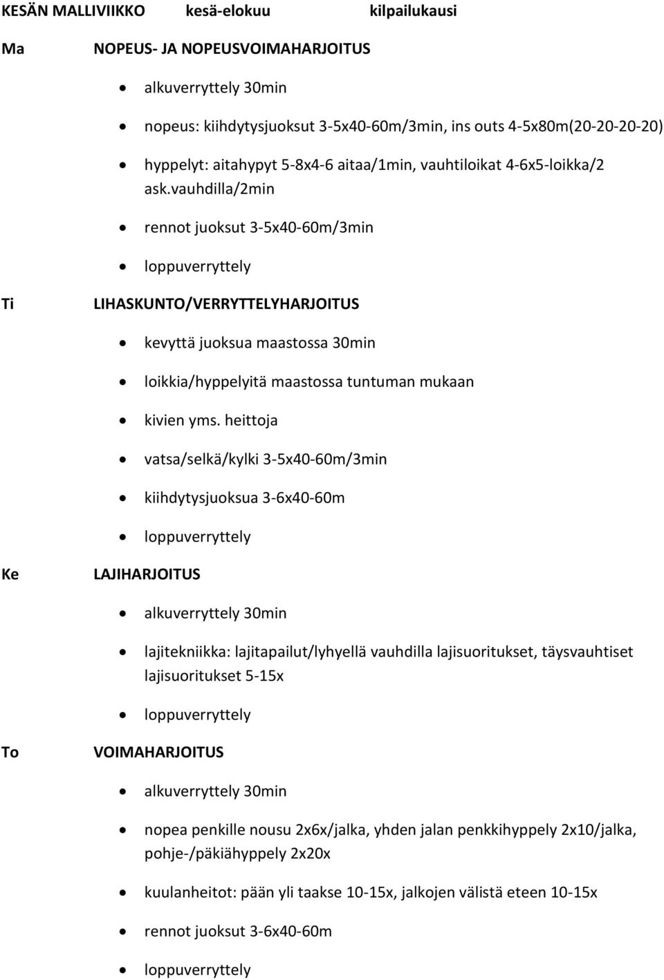 heittoja vatsa/selkä/kylki 3-5x40-60m/3min kiihdytysjuoksua 3-6x40-60m LAJIHARJOITUS lajitekniikka: lajitapailut/lyhyellä vauhdilla lajisuoritukset, täysvauhtiset lajisuoritukset 5-15x