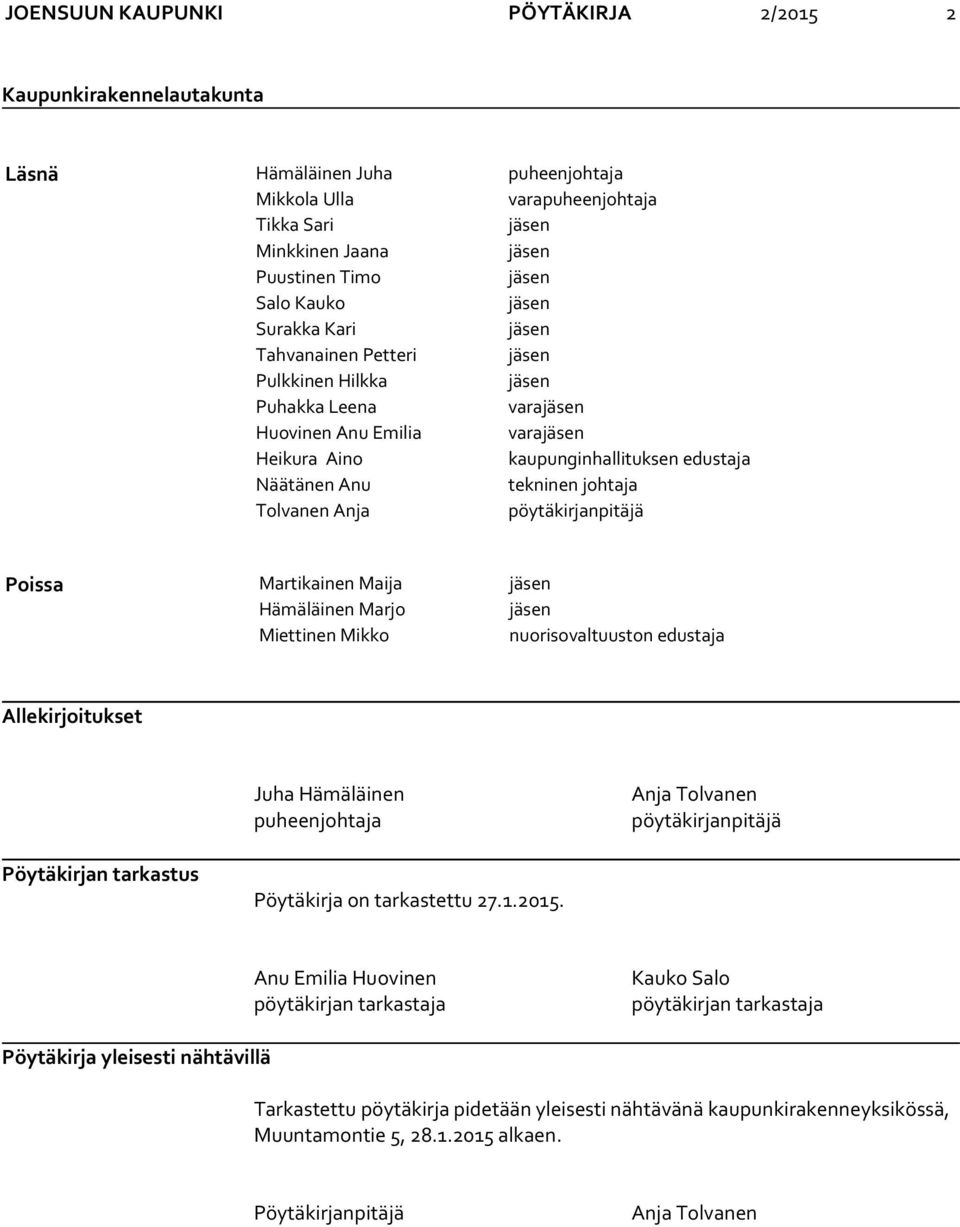 johtaja Tolvanen Anja pöytäkirjanpitäjä Poissa Martikainen Maija jäsen Hämäläinen Marjo jäsen Miettinen Mikko nuorisovaltuuston edustaja Allekirjoitukset Juha Hämäläinen puheenjohtaja Anja Tolvanen