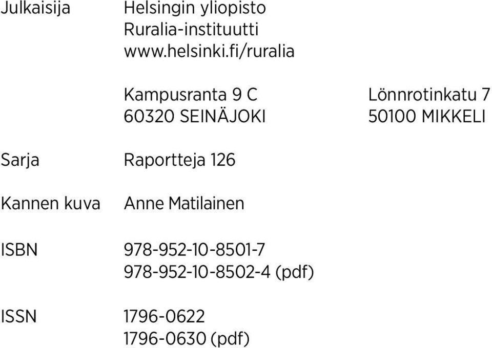 60320 SEINÄJOKI 50100 MIKKELI Kannen kuva Anne Matilainen ISBN