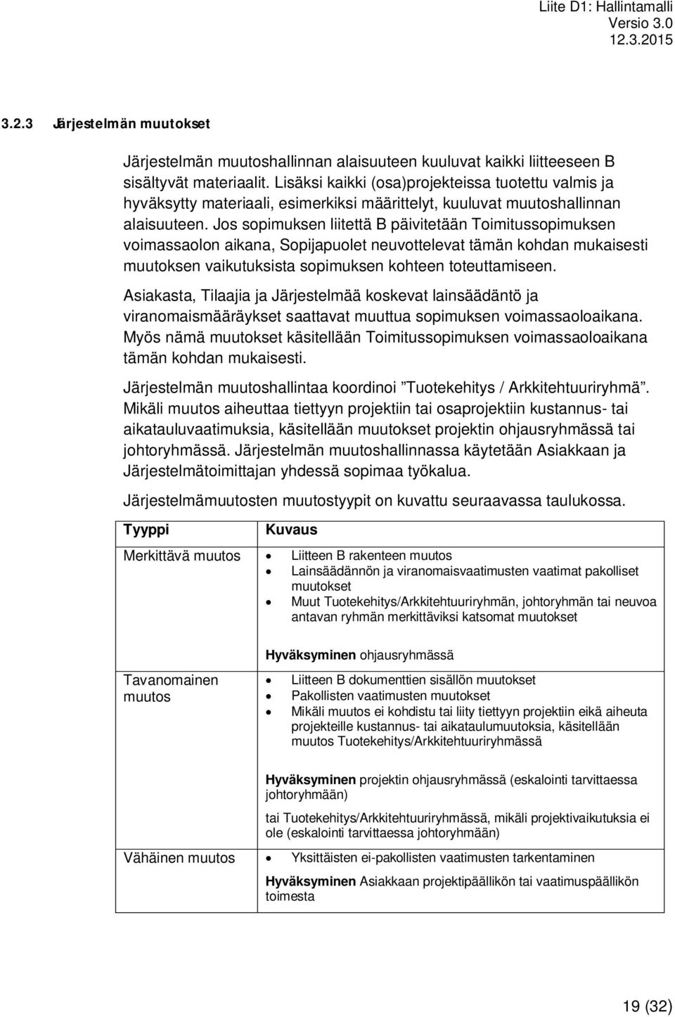 Jos sopimuksen liitettä B päivitetään Toimitussopimuksen voimassaolon aikana, Sopijapuolet neuvottelevat tämän kohdan mukaisesti muutoksen vaikutuksista sopimuksen kohteen toteuttamiseen.