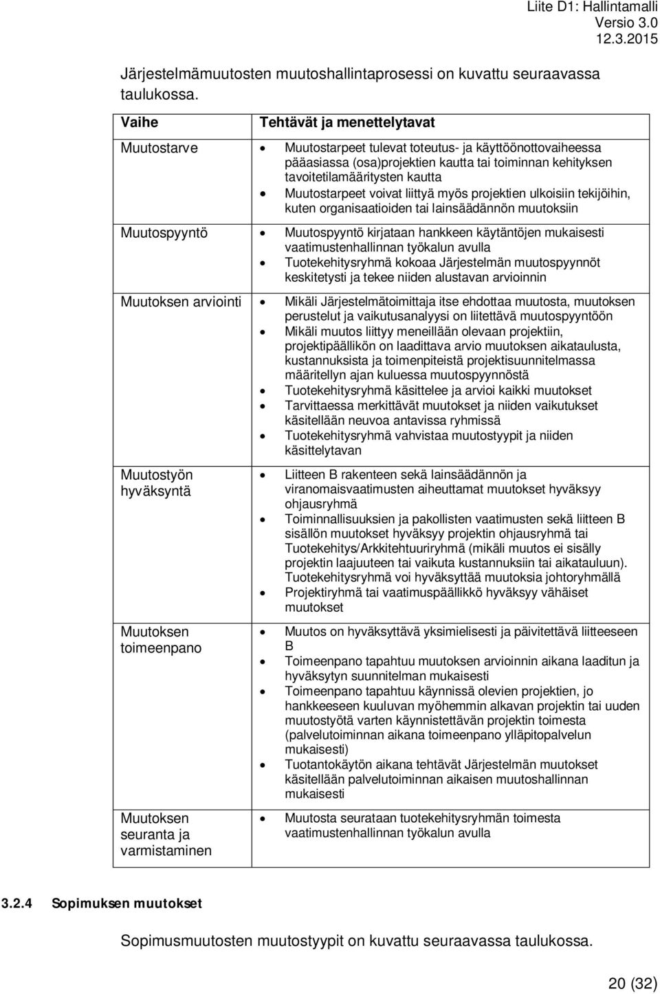 voivat liittyä myös projektien ulkoisiin tekijöihin, kuten organisaatioiden tai lainsäädännön muutoksiin Muutospyyntö Muutospyyntö kirjataan hankkeen käytäntöjen mukaisesti vaatimustenhallinnan