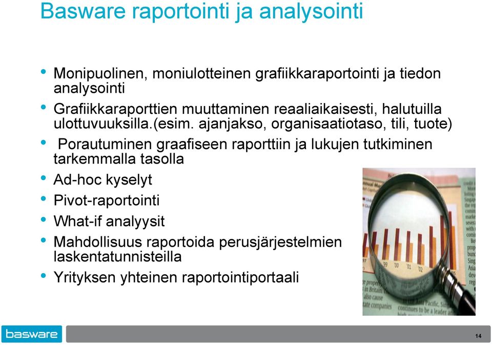 ajanjakso, organisaatiotaso, tili, tuote) Porautuminen graafiseen raporttiin ja lukujen tutkiminen tarkemmalla