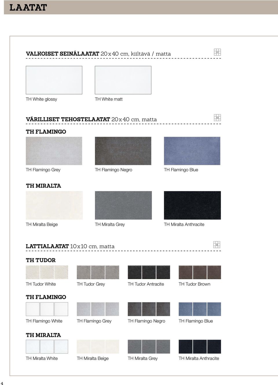 LATTIALAATAT 10 x 10 cm, matta V2 TH TUDOR TH Tudor White TH Tudor Grey TH Tudor Antracite TH Tudor Brown TH FLAMINGO TH Flamingo