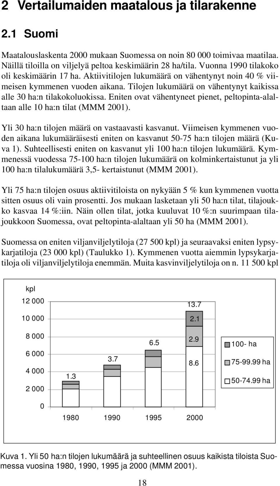 Eniten ovat vähentyneet pienet, peltopinta-alaltaan alle 10 ha:n tilat (MMM 2001). Yli 30 ha:n tilojen määrä on vastaavasti kasvanut.