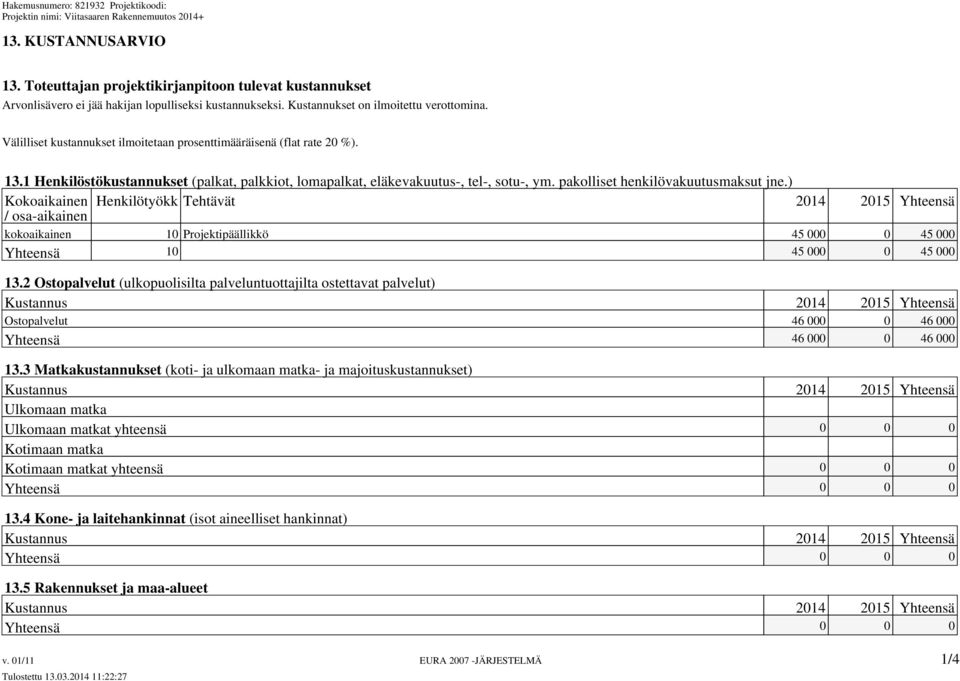 pakolliset henkilövakuutusmaksut jne.) Kokoaikainen Henkilötyökk Tehtävät 2014 2015 Yhteensä / osa-aikainen kokoaikainen 10 Projektipäällikkö 45 000 0 45 000 Yhteensä 10 45 000 0 45 000 13.