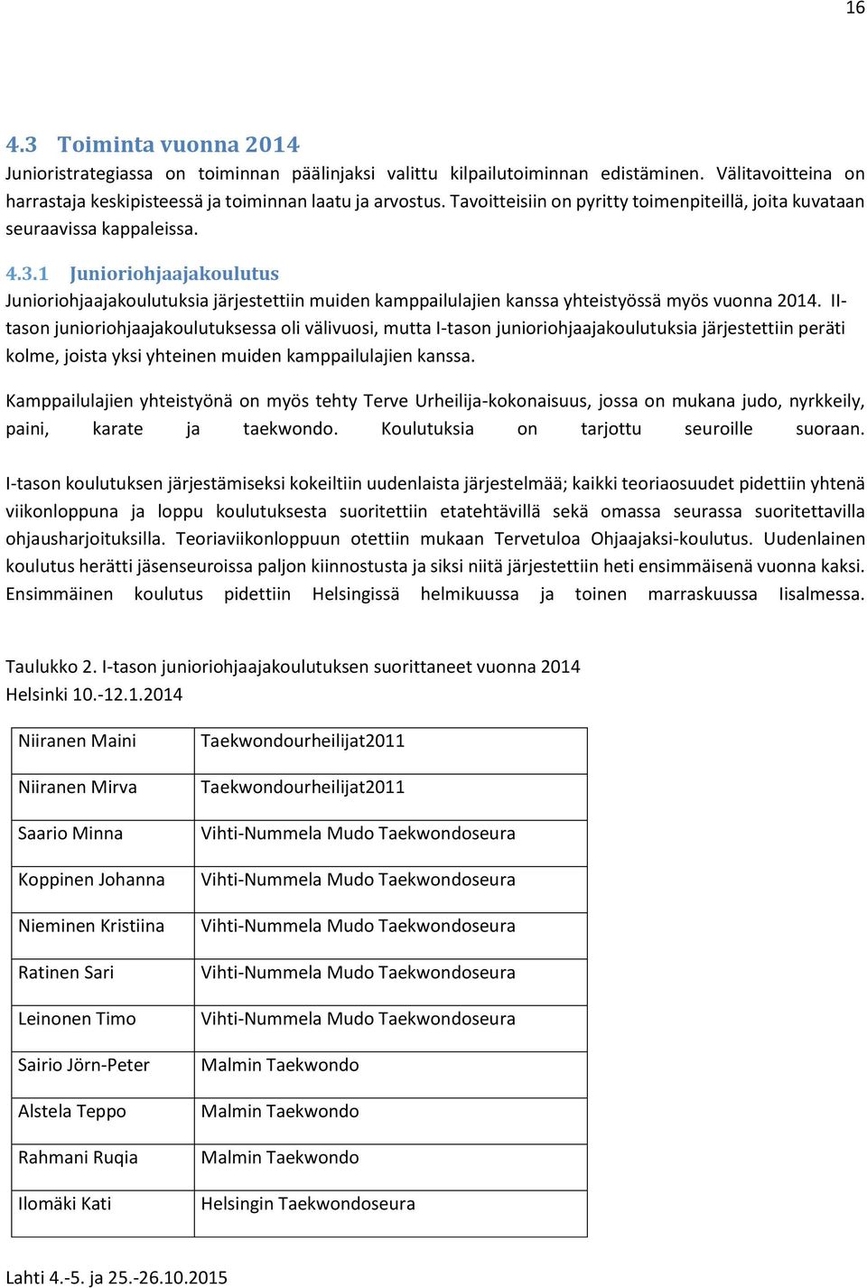 1 Junioriohjaajakoulutus Junioriohjaajakoulutuksia järjestettiin muiden kamppailulajien kanssa yhteistyössä myös vuonna 2014.