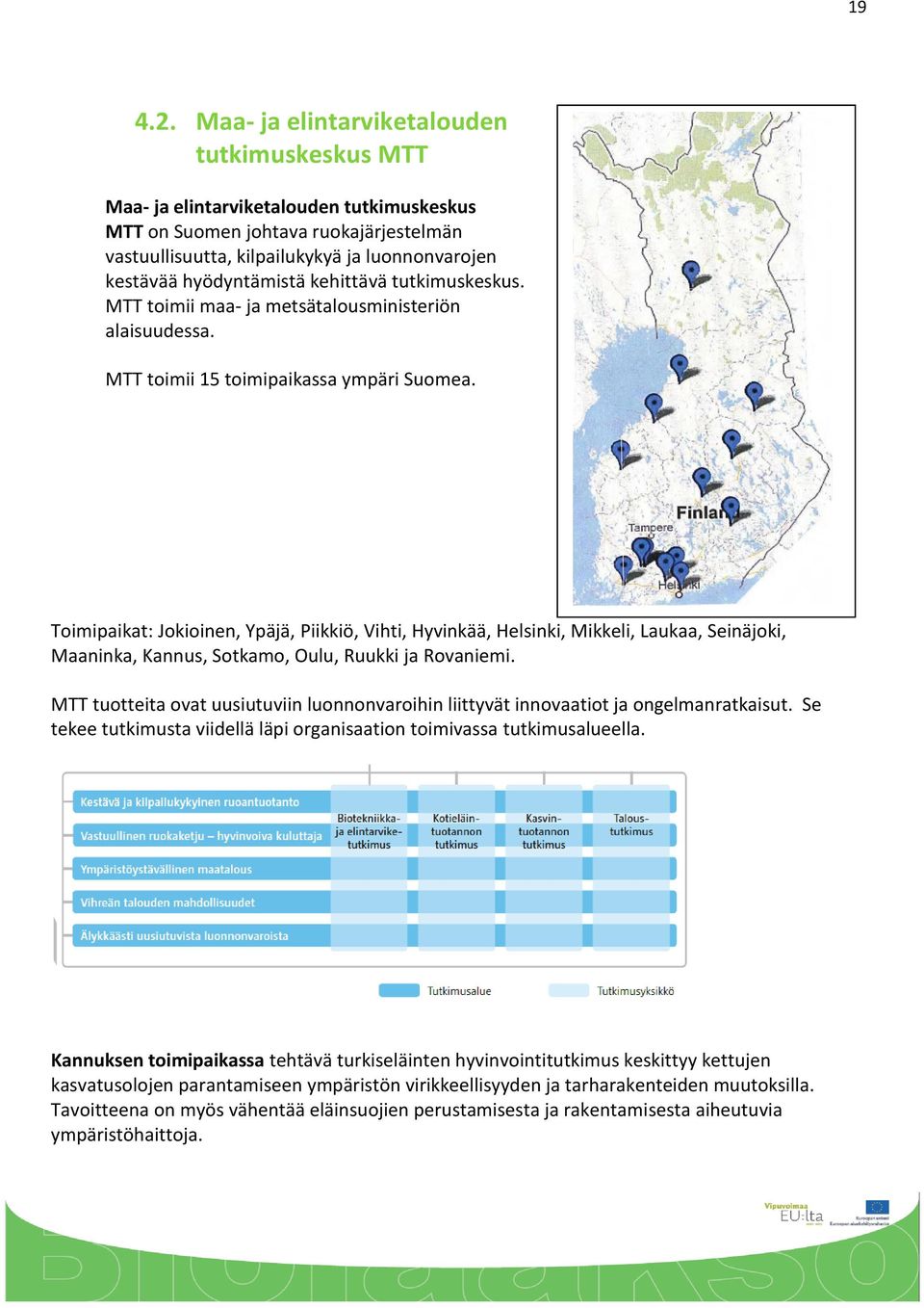 hyödyntämistä kehittävä tutkimuskeskus. MTT toimii maa- ja metsätalousministeriön alaisuudessa. MTT toimii 15 toimipaikassa ympäri Suomea.