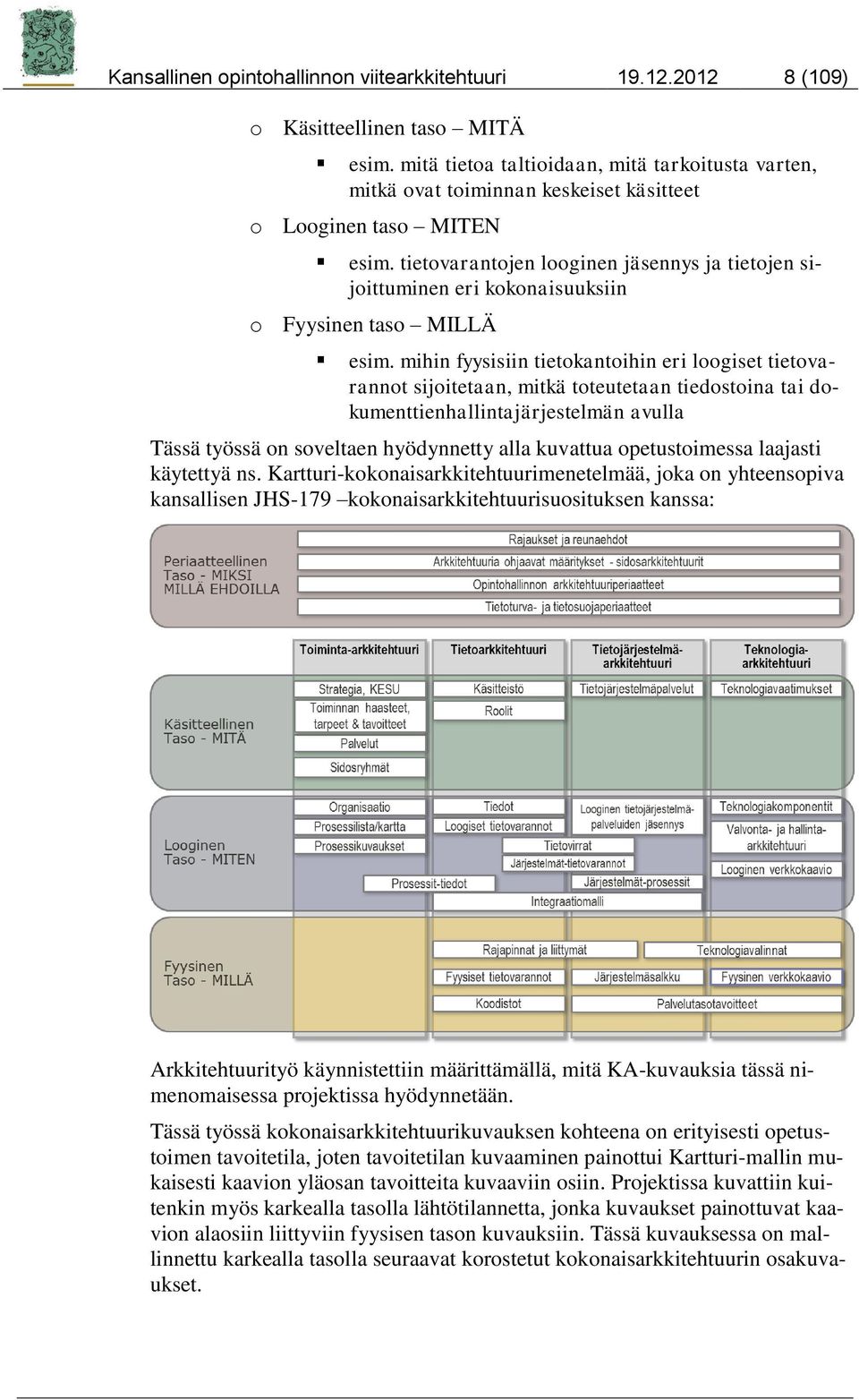 tietovarantojen looginen jäsennys ja tietojen sijoittuminen eri kokonaisuuksiin o Fyysinen taso MILLÄ esim.