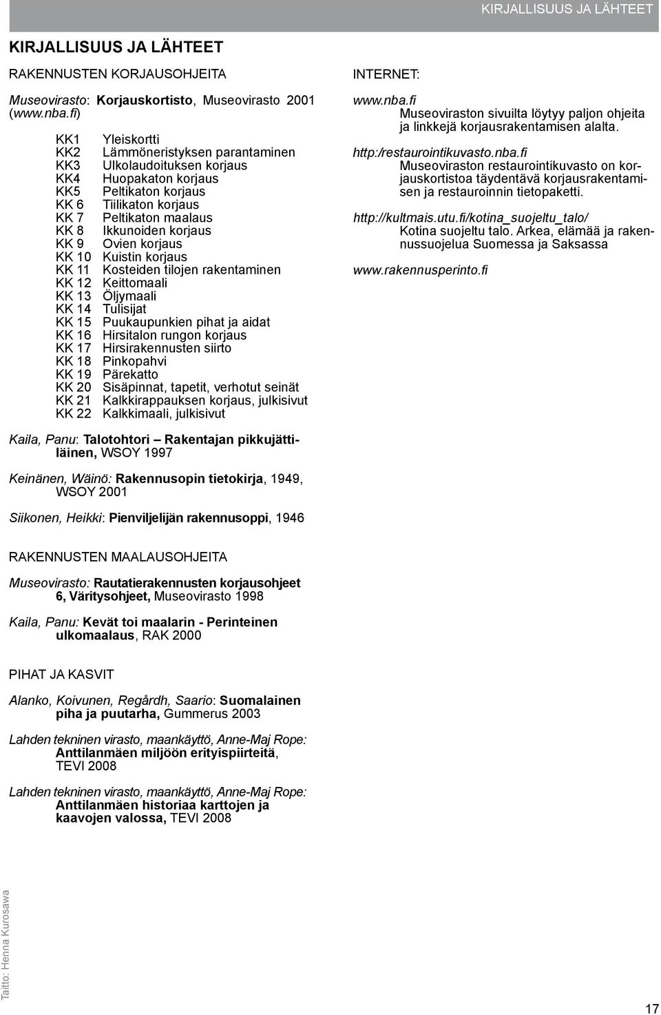 korjaus KK 9 Ovien korjaus KK 10 Kuistin korjaus KK 11 Kosteiden tilojen rakentaminen KK 12 Keittomaali KK 13 Öljymaali KK 14 Tulisijat KK 15 Puukaupunkien pihat ja aidat KK 16 Hirsitalon rungon