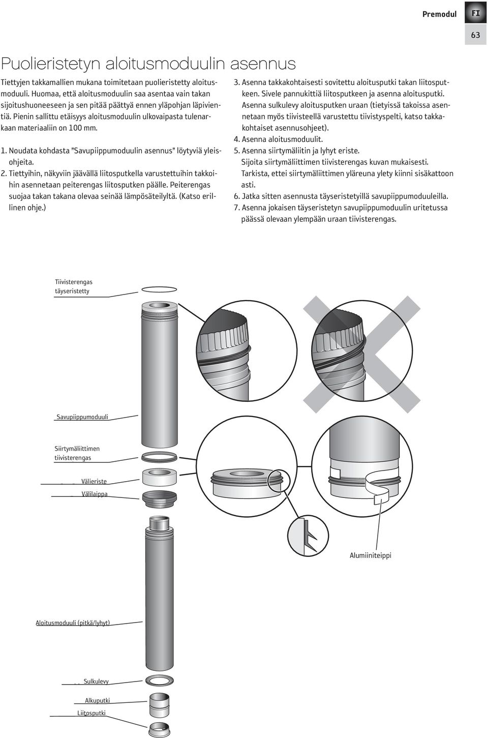 Pienin sallittu etäisyys aloitusmoduulin ulkovaipasta tulenarkaan materiaaliin on 100 mm. 1. Noudata kohdasta Savupiippumoduulin asennus löytyviä yleisohjeita. 2.
