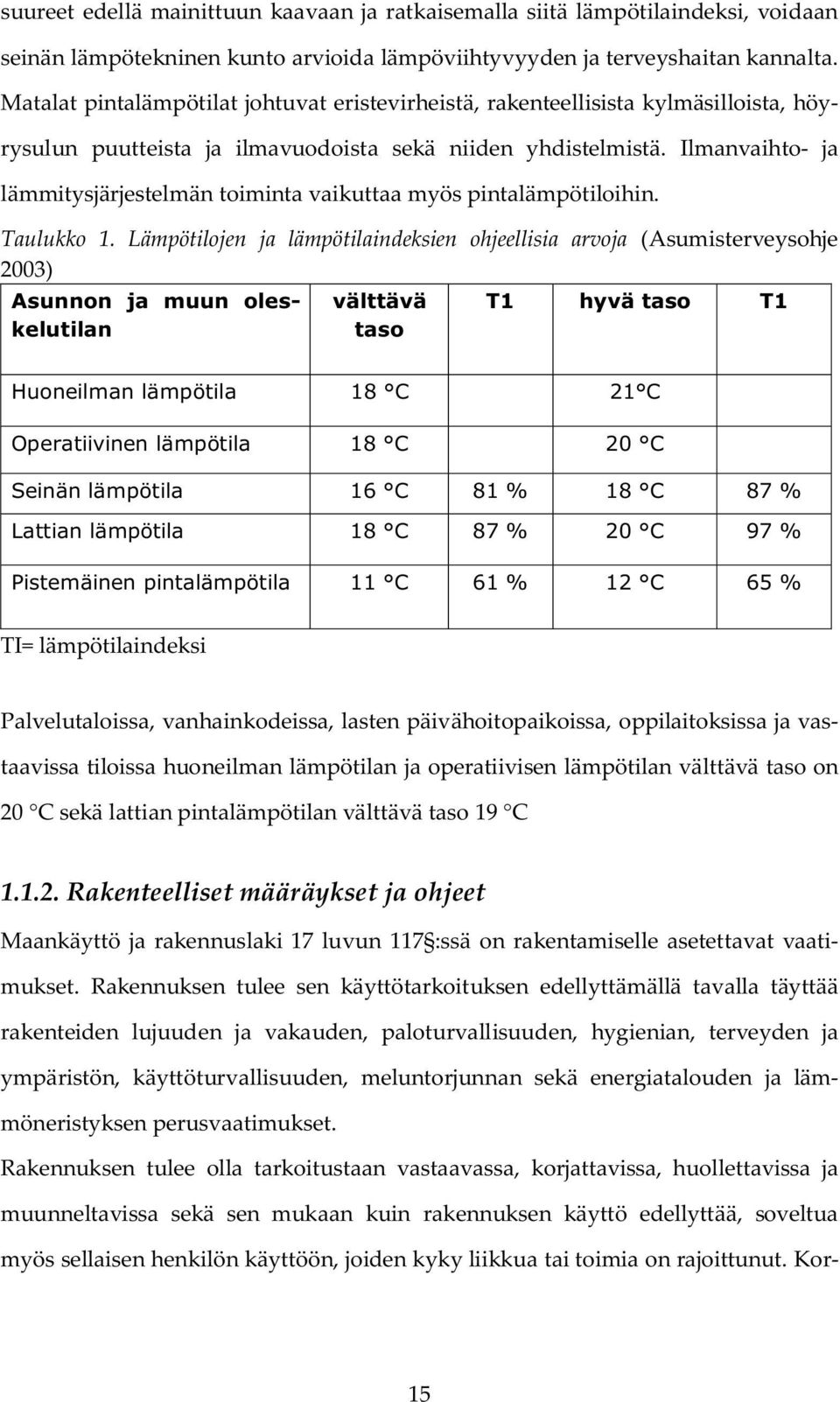 Ilmanvaihto- ja lämmitysjärjestelmän toiminta vaikuttaa myös pintalämpötiloihin. Taulukko 1.