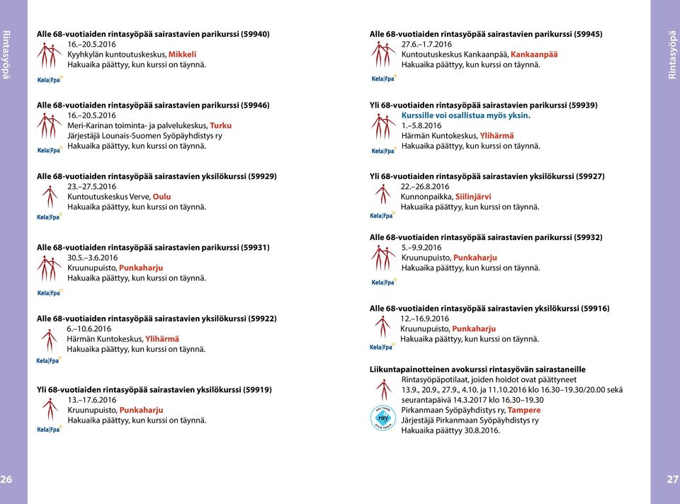 5.8.2016 Härmän Kuntokeskus, Ylihärmä Alle 68-vuotiaiden rintasyöpää sairastavien yksilökurssi (59929) 23. 27.5.2016 Kuntoutuskeskus Verve, Oulu Yli 68-vuotiaiden rintasyöpää sairastavien yksilökurssi (59927) 22.