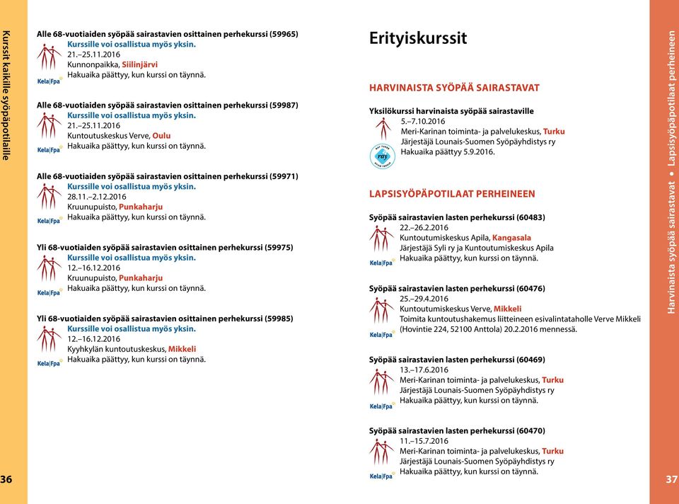 2016 Kuntoutuskeskus Verve, Oulu Alle 68-vuotiaiden syöpää sairastavien osittainen perhekurssi (59971) 28.11. 2.12.2016 Yli 68-vuotiaiden syöpää sairastavien osittainen perhekurssi (59975) 12. 16.12.2016 Yli 68-vuotiaiden syöpää sairastavien osittainen perhekurssi (59985) 12.