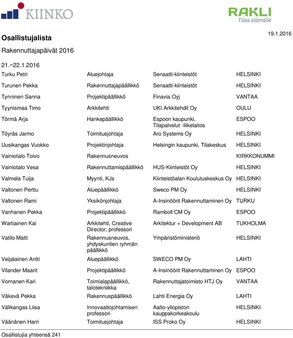 Rakennusneuvos KIRKKONUMMI Vainiotalo Vesa Rakennuttamispäällikkö HUS-Kiinteistöt Oy Valmela Tuija Myynti, KJs Kiinteistöalan Koulutuskeskus Oy Valtonen Perttu Aluepäällikkö Sweco PM Oy Valtonen Rami