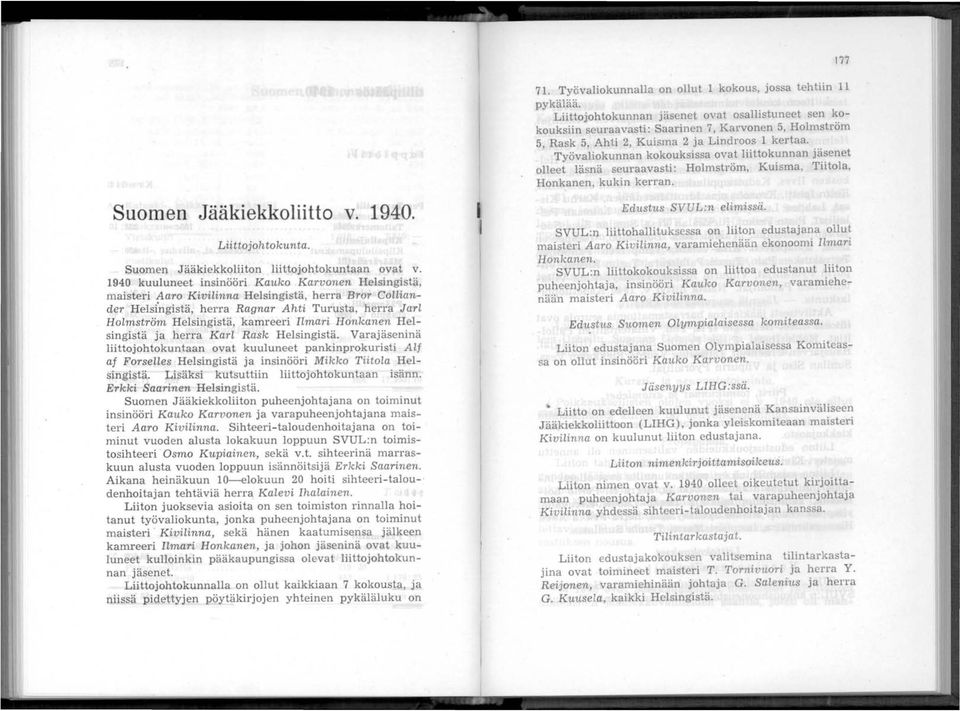 Työvaliokunnan kokouksissa ovat liittokunnan jäsenet olleet läsnä seuraavasti: Holmström, Kuisma, Tiitola, Honkanen, kukin kerran. 177 Suomen Jääkiekkoliitto v. 1940. Liittojohtokunta.