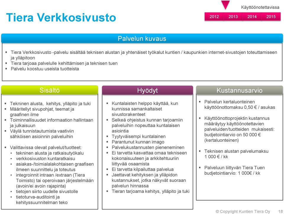 Toiminnallisuudet informaation hallintaan ja julkaisuun Väylä tunnistautumista vaativiin sähköisen asioinnin palveluihin Valittavissa olevat palvelut/tuotteet: tekninen alusta ja ratkaisutyökalu