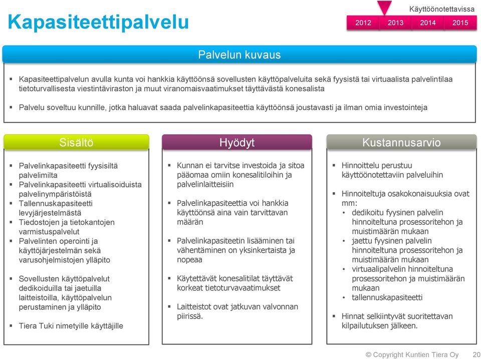 investointeja Palvelinkapasiteetti fyysisiltä palvelimilta Palvelinkapasiteetti virtualisoiduista palvelinympäristöistä Tallennuskapasiteetti levyjärjestelmästä Tiedostojen ja tietokantojen