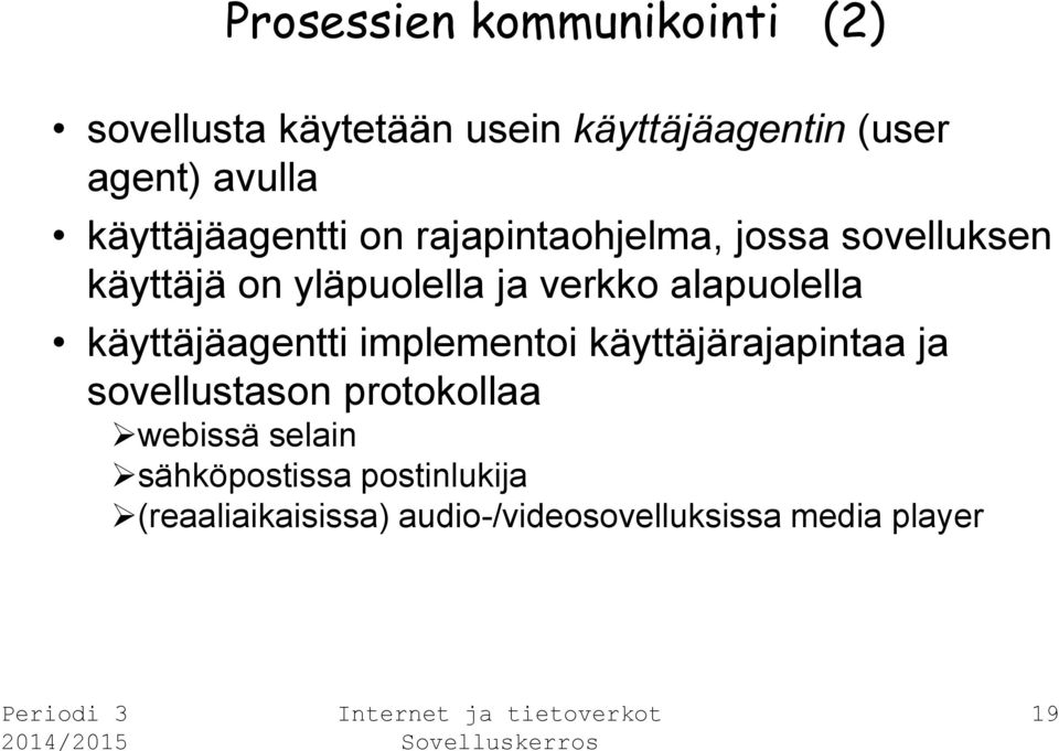 alapuolella käyttäjäagentti implementoi käyttäjärajapintaa ja sovellustason protokollaa