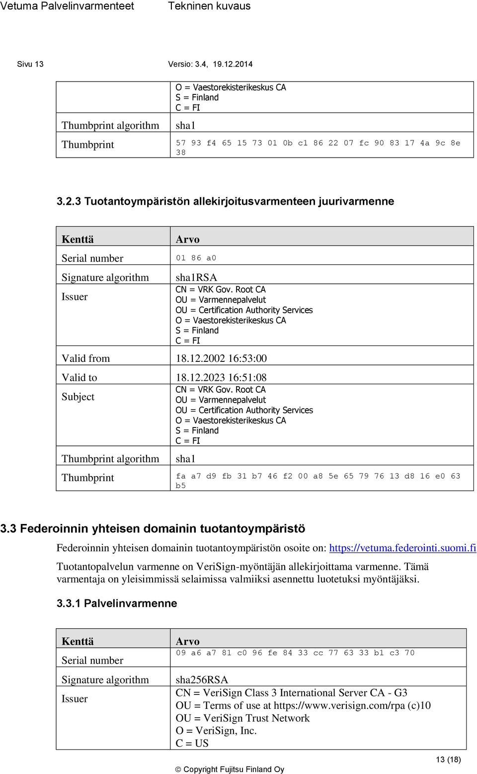 Root CA OU = Varmennepalvelut OU = Certification Authority Services O = Vaestorekisterikeskus CA S = Finland fa a7 d9 fb 31 b7 46 f2 00 a8 5e 65 79 76 13 d8 16 e0 63 b5 3.