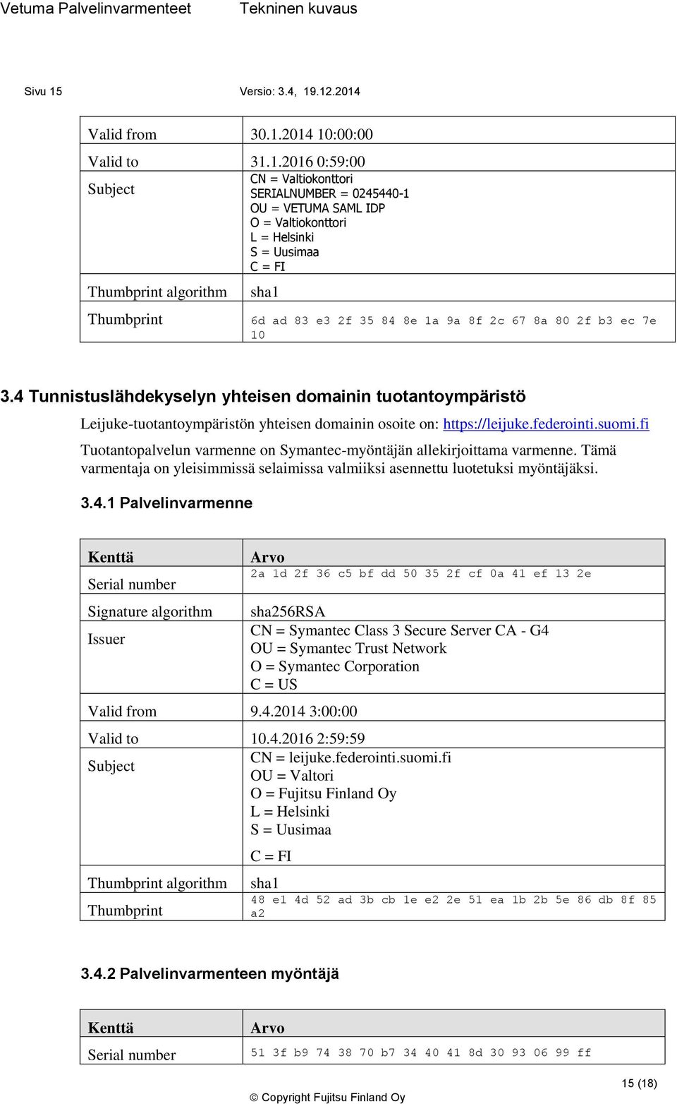 fi Tuotantopalvelun varmenne on Symantec-myöntäjän allekirjoittama varmenne. Tämä varmentaja on yleisimmissä selaimissa valmiiksi asennettu luotetuksi myöntäjäksi. 3.4.1 Palvelinvarmenne Valid from 9.