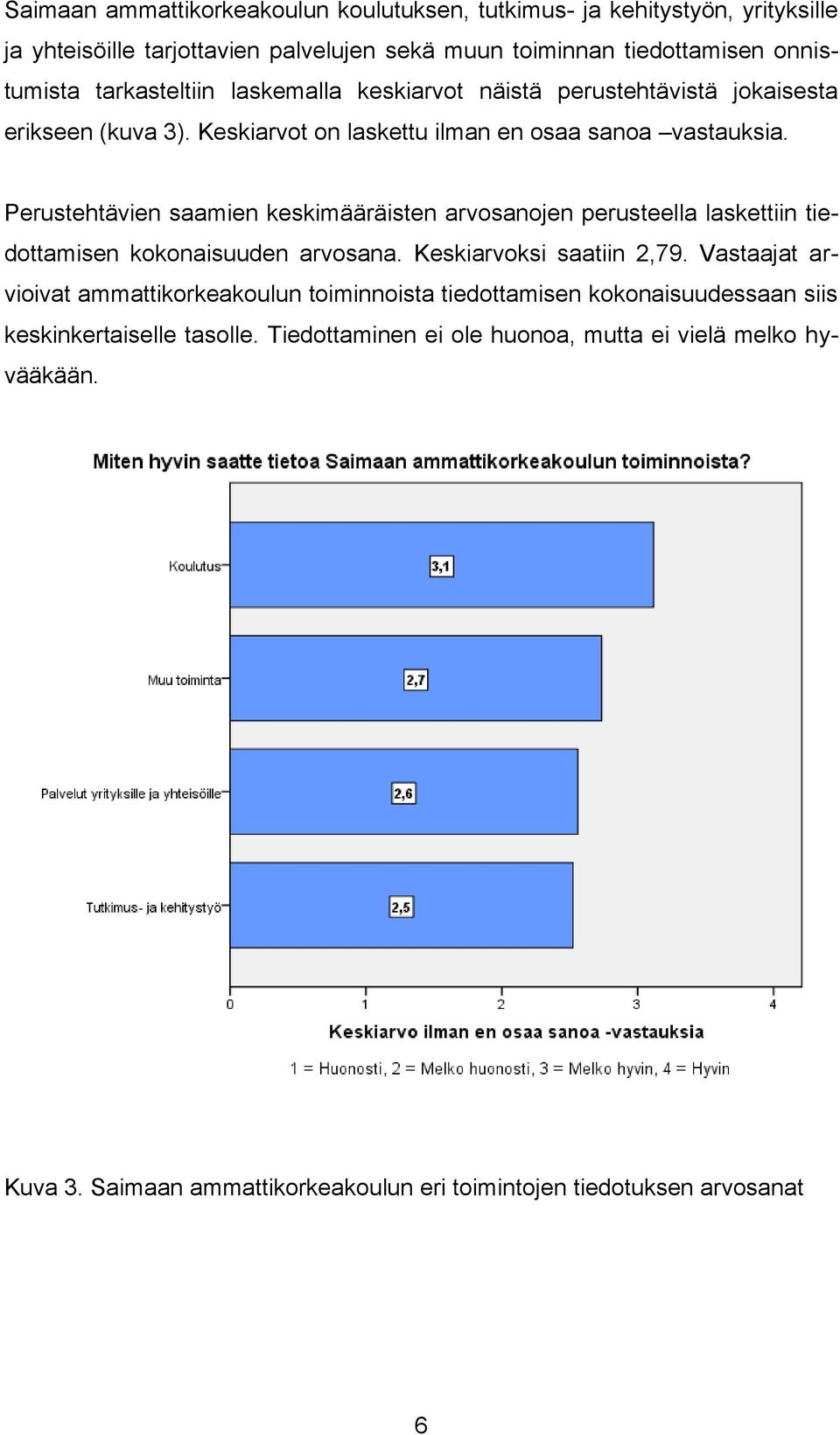 Perustehtävien saamien keskimääräisten arvosanojen perusteella laskettiin tiedottamisen kokonaisuuden arvosana. Keskiarvoksi saatiin 2,79.