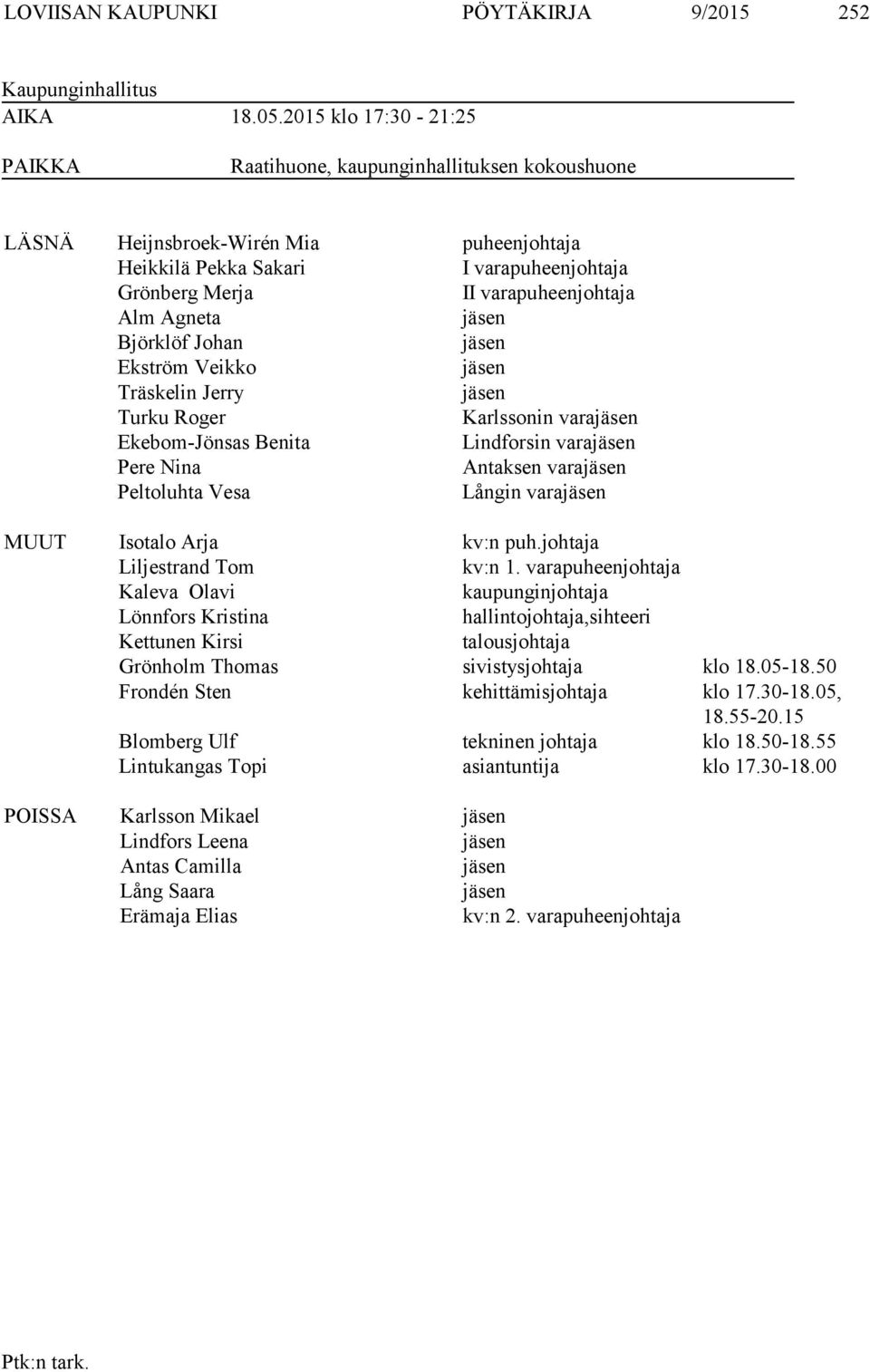 205 klo 7:30-2:25 PAIKKA Raatihuone, kaupunginhallituksen kokoushuone LÄSNÄ Heijnsbroek-Wirén Mia puheenjohtaja Heikkilä Pekka Sakari I varapuheenjohtaja Grönberg Merja II varapuheenjohtaja Alm