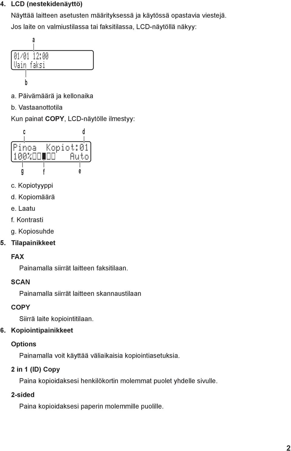 Vastaanottotila Kun painat COPY, LCD-näytölle ilmestyy: g c Pinoa Kopiot:0 00% Auto c. Kopiotyyppi d. Kopiomäärä e. Laatu f. Kontrasti g. Kopiosuhde 5.
