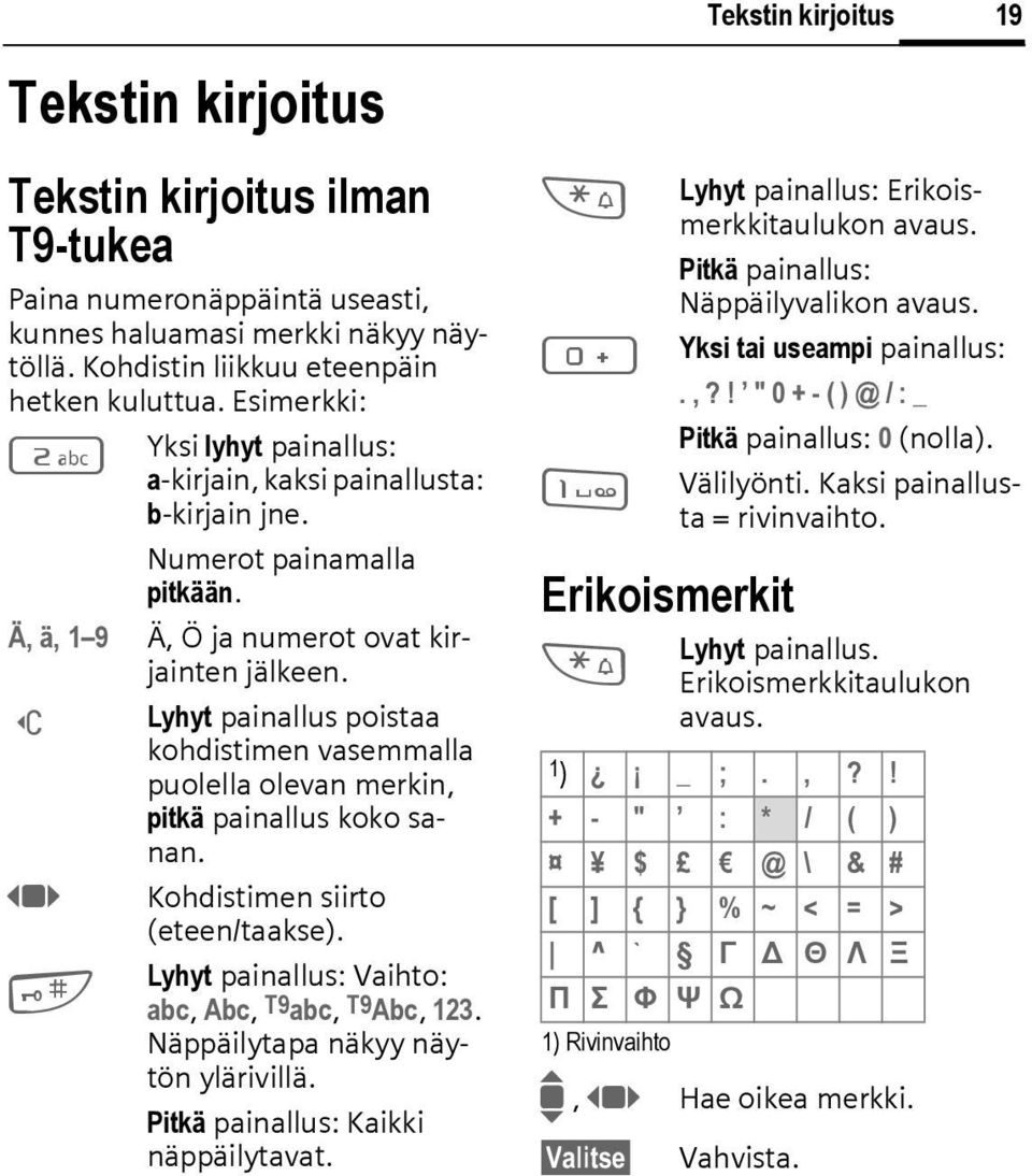 ] Lyhyt painallus poistaa kohdistimen vasemmalla puolella olevan merkin, pitkä painallus koko sanan. F Kohdistimen siirto (eteen/taakse). Lyhyt painallus: Vaihto: # abc, Abc, T9abc, T9Abc, 123.