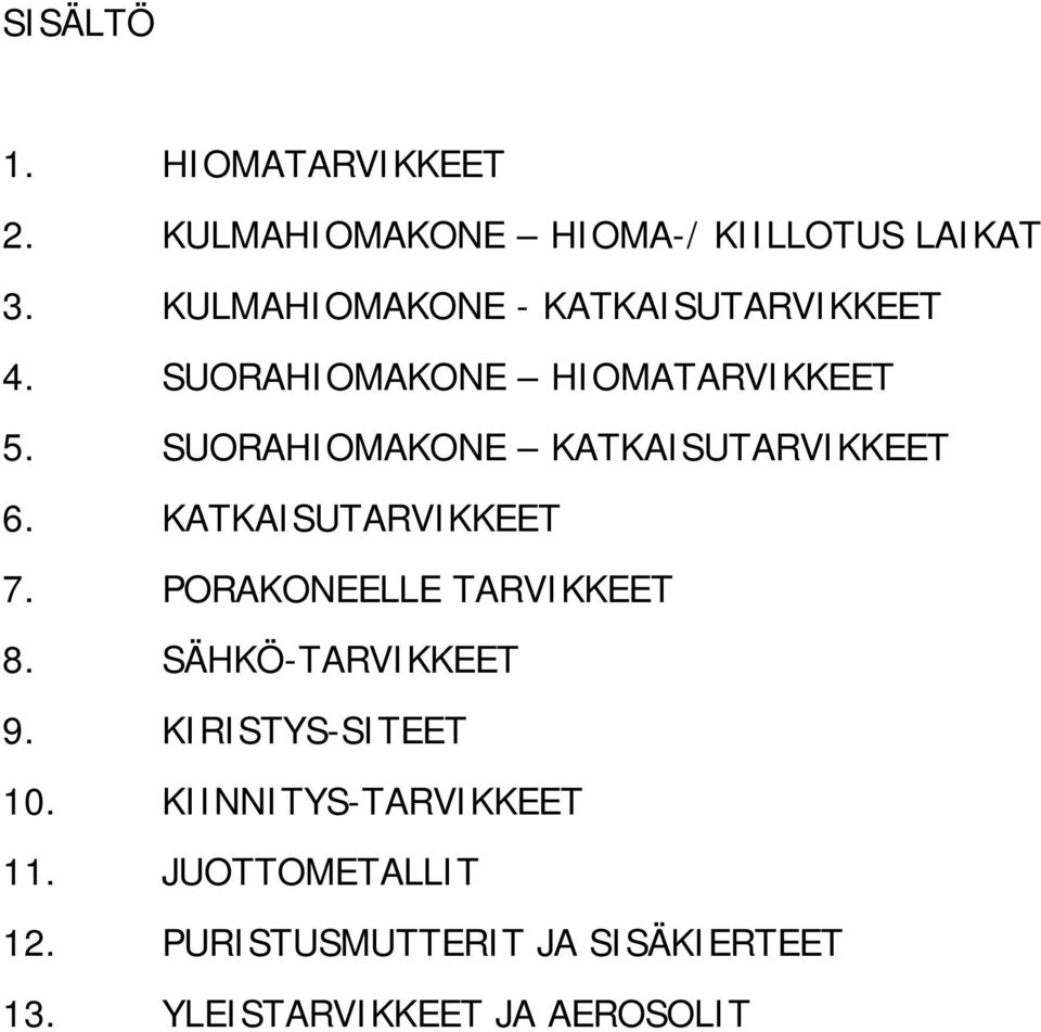 SUORAHIOMAKONE KATKAISUTARVIKKEET 6. KATKAISUTARVIKKEET 7. PORAKONEELLE TARVIKKEET 8.