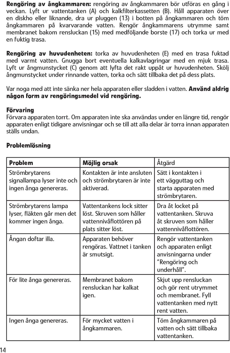 Rengör ångkammarens utrymme samt membranet bakom rensluckan (15) med medföljande borste (17) och torka ur med en fuktig trasa.