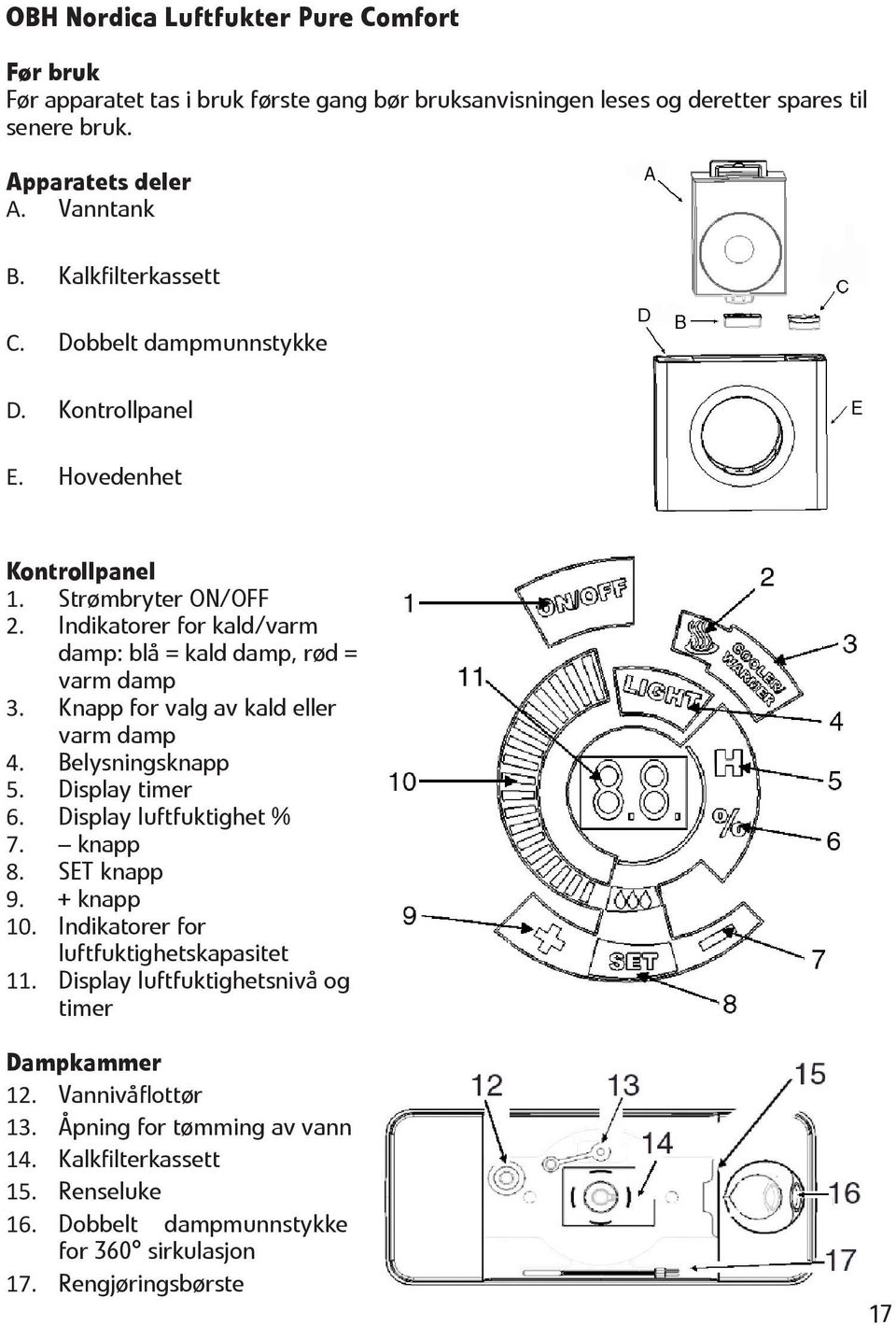 Knapp for valg av kald eller varm damp 4. Belysningsknapp 5. Display timer 6. Display luftfuktighet % 7. knapp 8. SET knapp 9. + knapp 10. Indikatorer for luftfuktighetskapasitet 11.