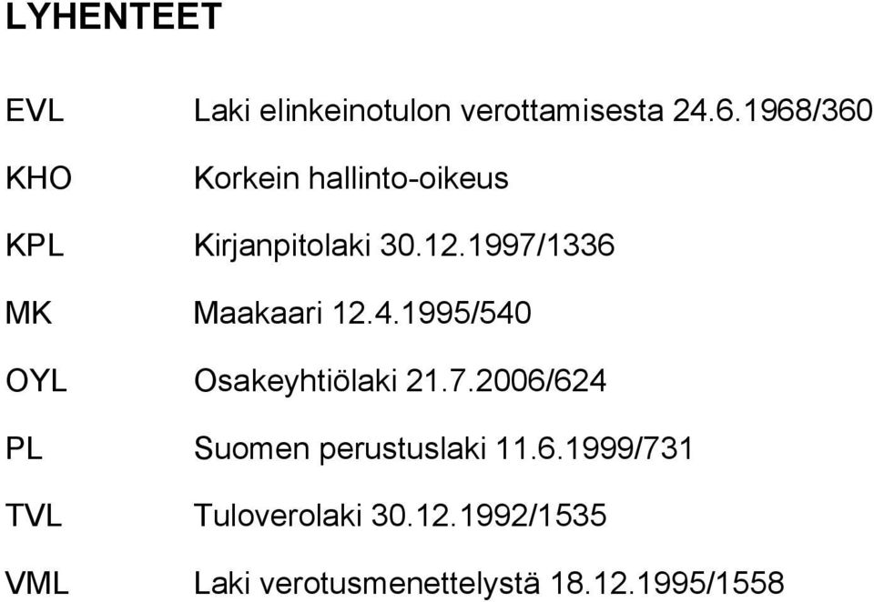 1997/1336 MK Maakaari 12.4.1995/540 OYL Osakeyhtiölaki 21.7.2006/624 PL Suomen perustuslaki 11.