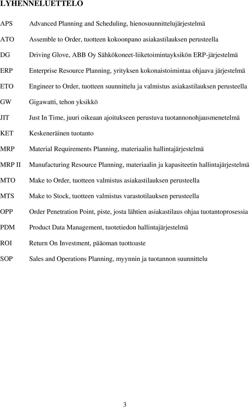 suunnittelu ja valmistus asiakastilauksen perusteella Gigawatti, tehon yksikkö Just In Time, juuri oikeaan ajoitukseen perustuva tuotannonohjausmenetelmä Keskeneräinen tuotanto Material Requirements