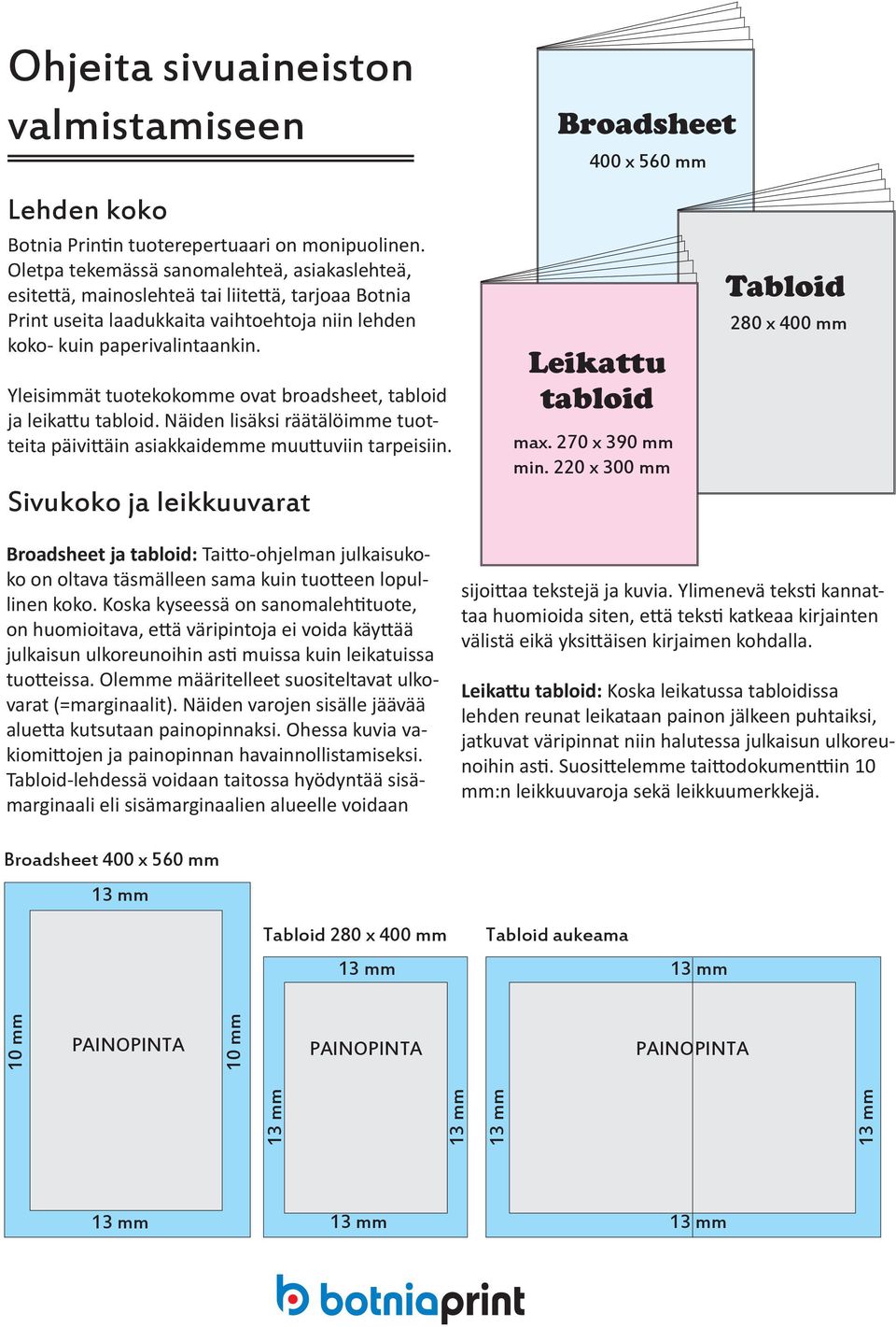 Yleisimmät tuotekokomme ovat broadsheet, tabloid ja leikattu tabloid. Näiden lisäksi räätälöimme tuotteita päivittäin asiakkaidemme muuttuviin tarpeisiin.