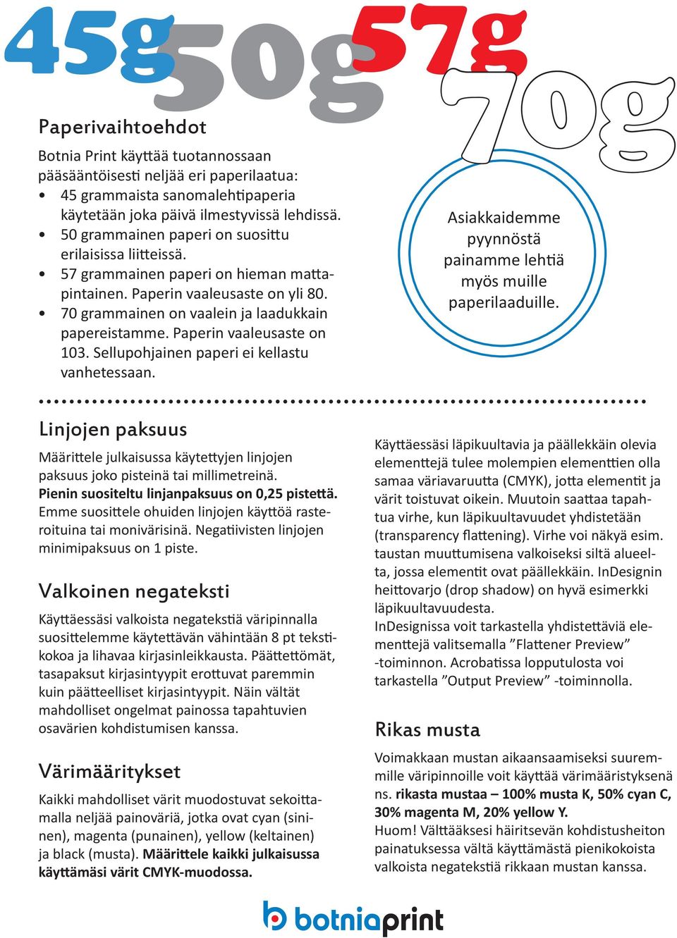 Paperin vaaleusaste on 103. Sellupohjainen paperi ei kellastu vanhetessaan. Asiakkaidemme pyynnöstä painamme lehtiä myös muille paperilaaduille.