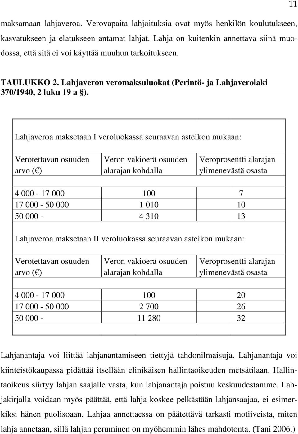 Lahjaveroa maksetaan I veroluokassa seuraavan asteikon mukaan: Verotettavan osuuden Veron vakioerä osuuden Veroprosentti alarajan arvo ( ) alarajan kohdalla ylimenevästä osasta 4 000-17 000 100 7 17