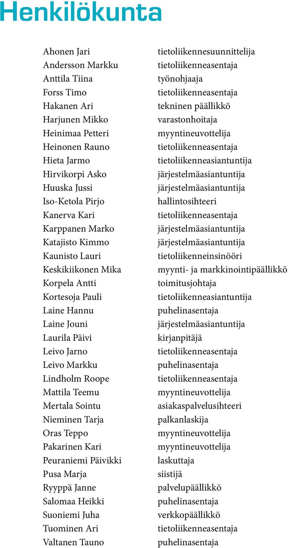 Sointu Nieminen Tarja Oras Teppo Pakarinen Kari Peuraniemi Päivikki Pusa Marja Ryyppä Janne Salomaa Heikki Suoniemi Juha Tuominen Ari Valtanen Tauno tietoliikennesuunnittelija tietoliikenneasentaja