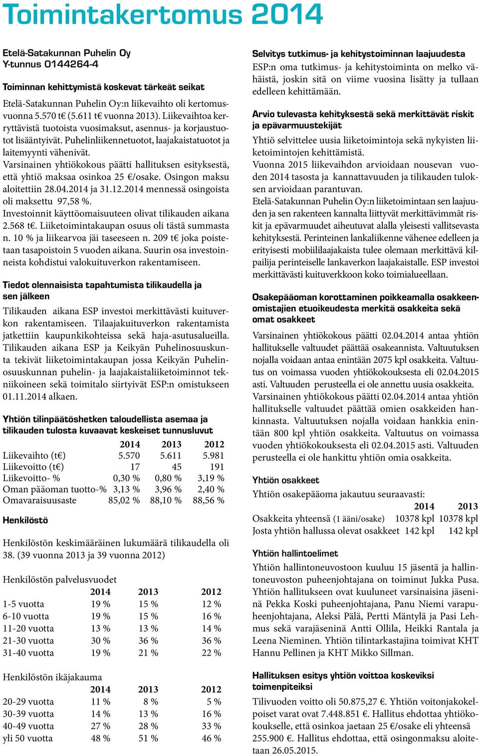 Varsinainen yhtiökokous päätti hallituksen esityksestä, että yhtiö maksaa osinkoa 25 /osake. Osingon maksu aloitettiin 28.4.214 ja 31.12.214 mennessä osingoista oli maksettu 97,58 %.