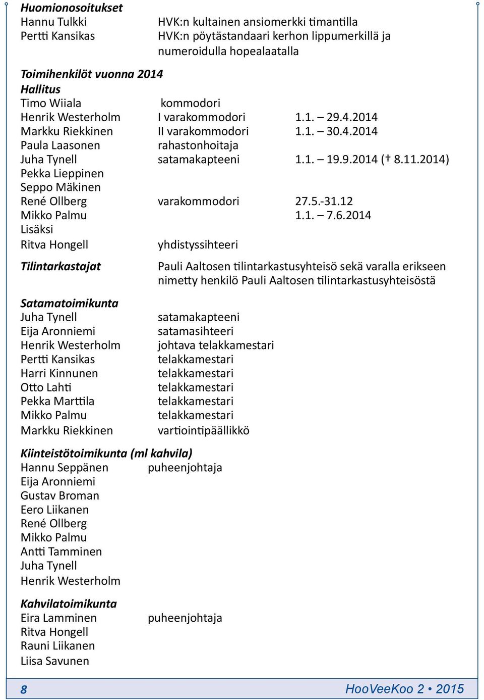 2014) Pekka Lieppinen Seppo Mäkinen René Ollberg varakommodori 27.5.-31.12 Mikko Palmu 1.1. 7.6.