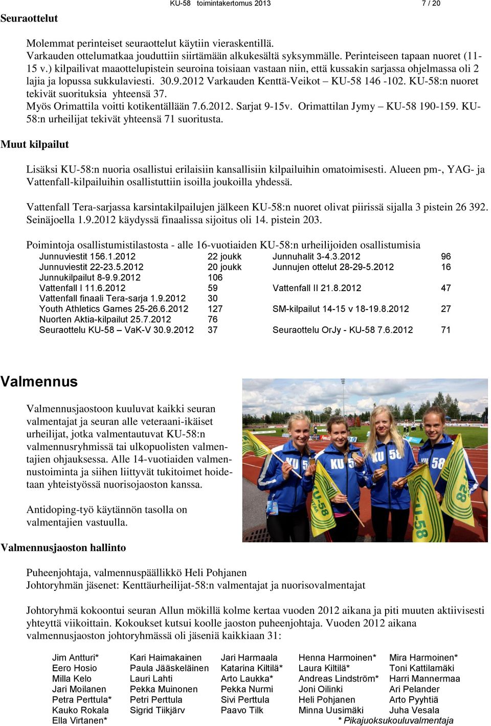 2012 Varkauden Kenttä-Veikot KU-58 146-102. KU-58:n nuoret tekivät suorituksia yhteensä 37. Myös Orimattila voitti kotikentällään 7.6.2012. Sarjat 9-15v. Orimattilan Jymy KU-58 190-159.