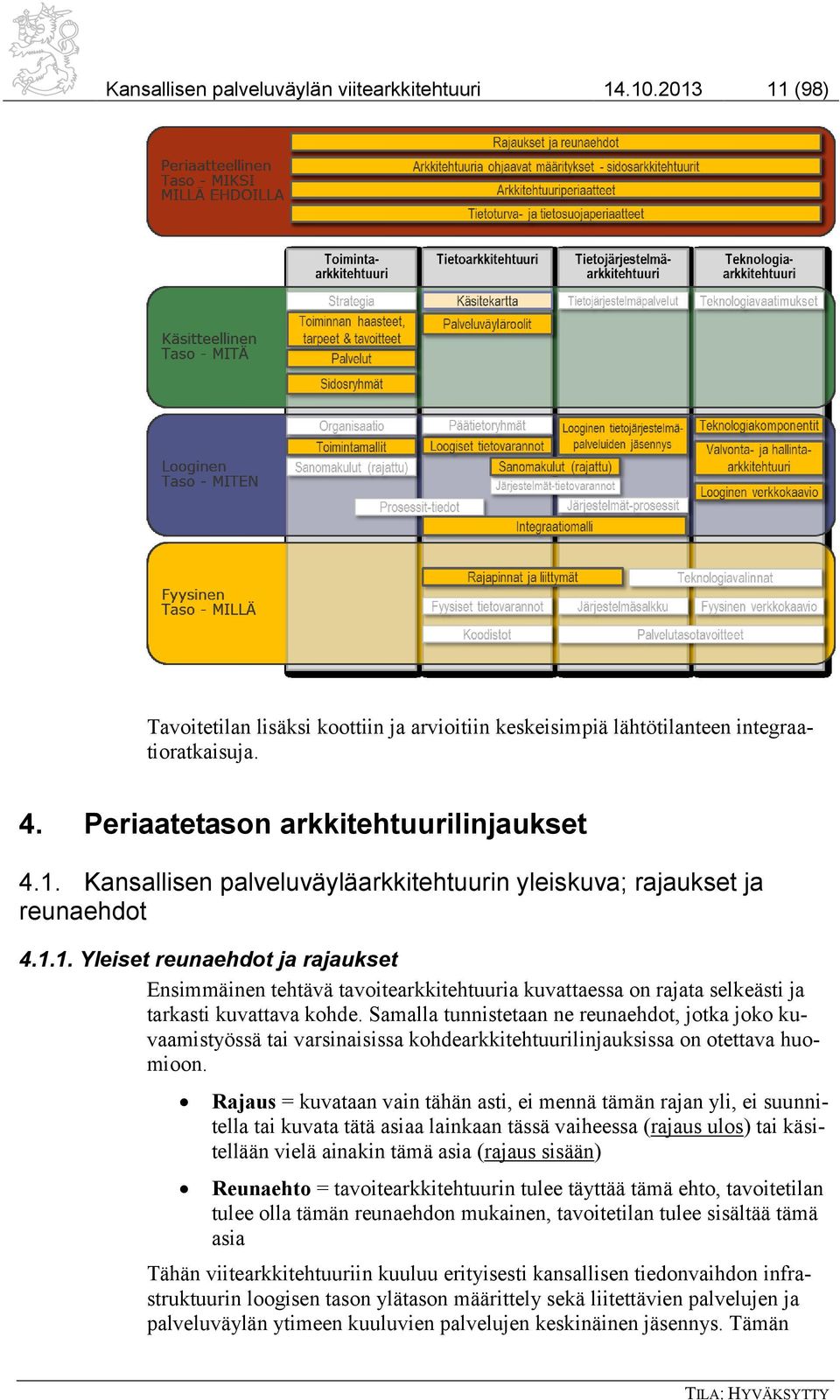 Samalla tunnistetaan ne reunaehdot, jotka joko kuvaamistyössä tai varsinaisissa kohdearkkitehtuurilinjauksissa on otettava huomioon.