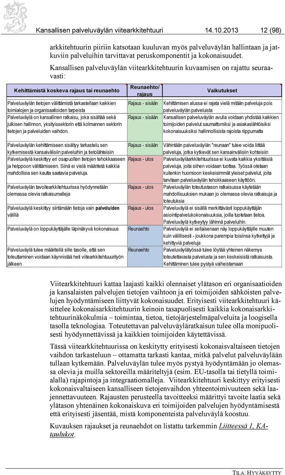 Kansallisen palveluväylän viitearkkitehtuurin kuvaamisen on rajattu seuraavasti: Kehittämistä koskeva rajaus tai reunaehto Palveluväylän tietojen välittämistä tarkastellaan kaikkien toimialojen ja