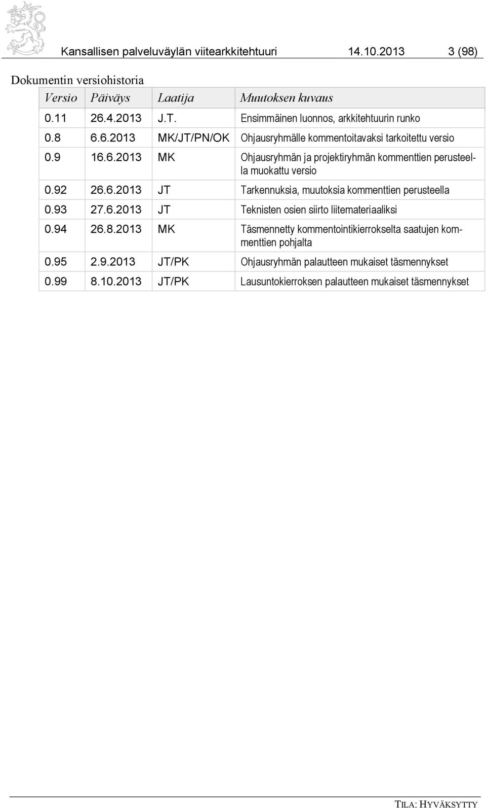 92 26.6.2013 JT Tarkennuksia, muutoksia kommenttien perusteella 0.93 27.6.2013 JT Teknisten osien siirto liitemateriaaliksi 0.94 26.8.