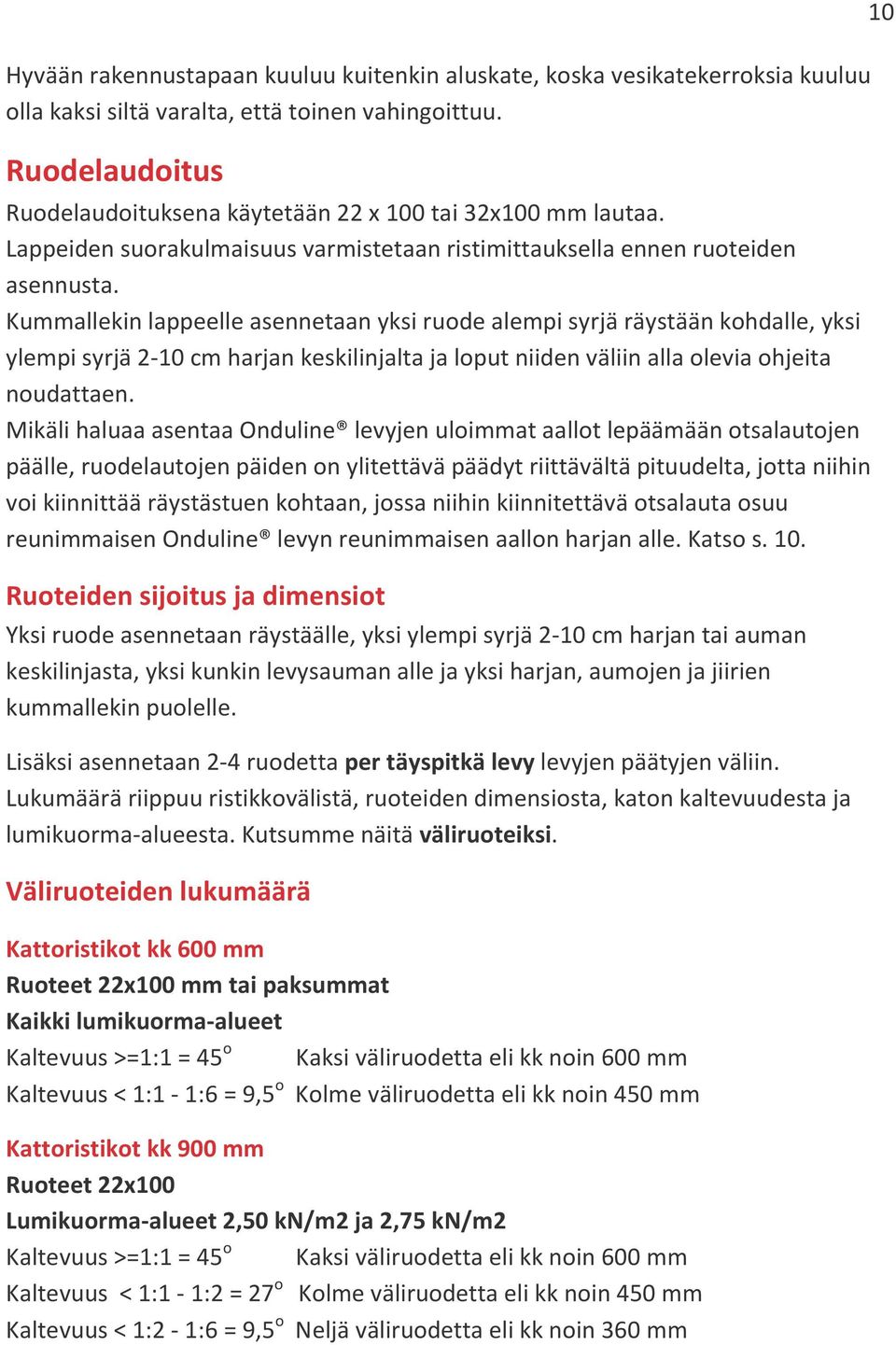 Kummallekin lappeelle asennetaan yksi ruode alempi syrjä räystään kohdalle, yksi ylempi syrjä 2-10 cm harjan keskilinjalta ja loput niiden väliin alla olevia ohjeita noudattaen.