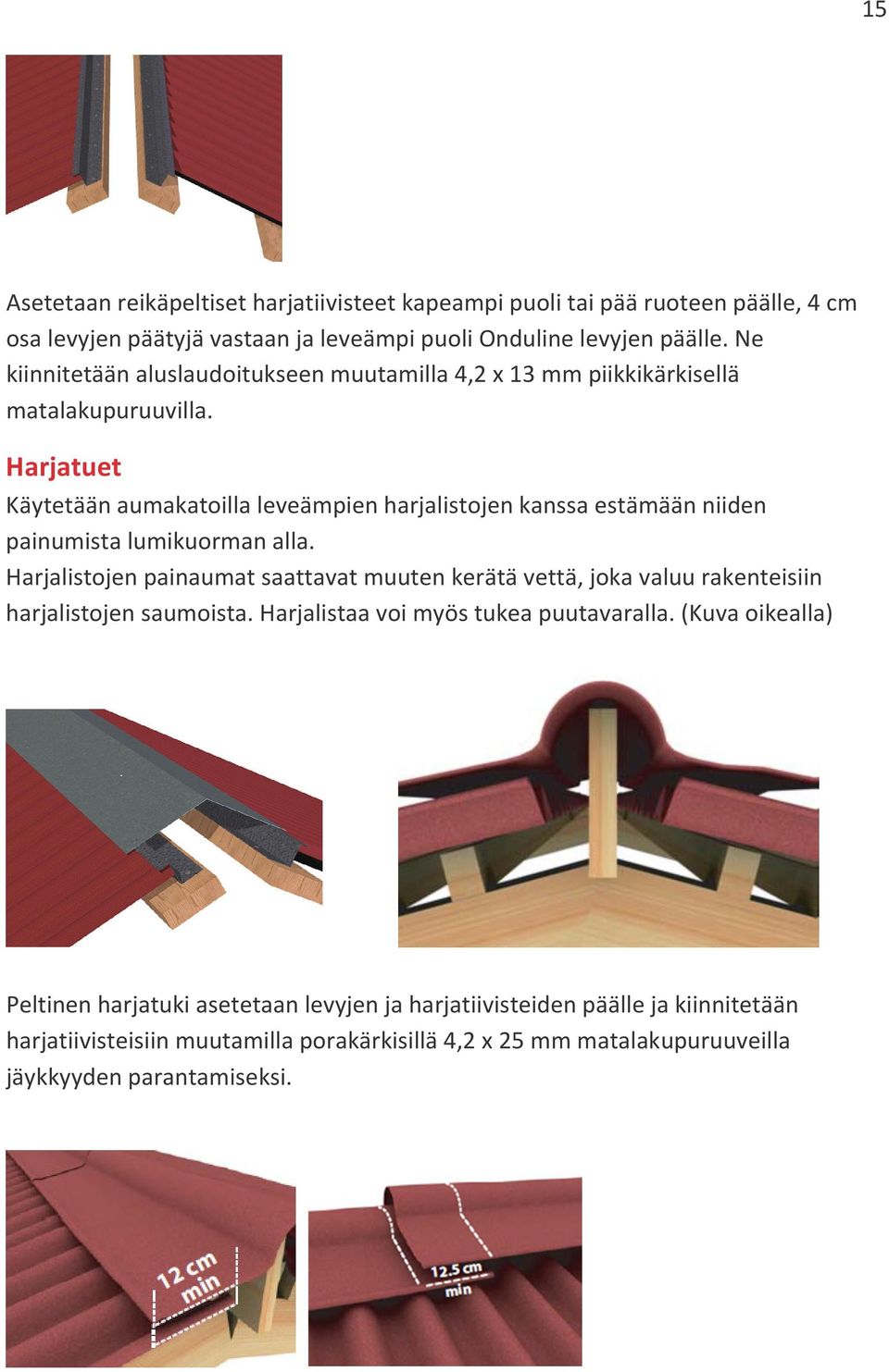 Harjatuet Käytetään aumakatoilla leveämpien harjalistojen kanssa estämään niiden painumista lumikuorman alla.