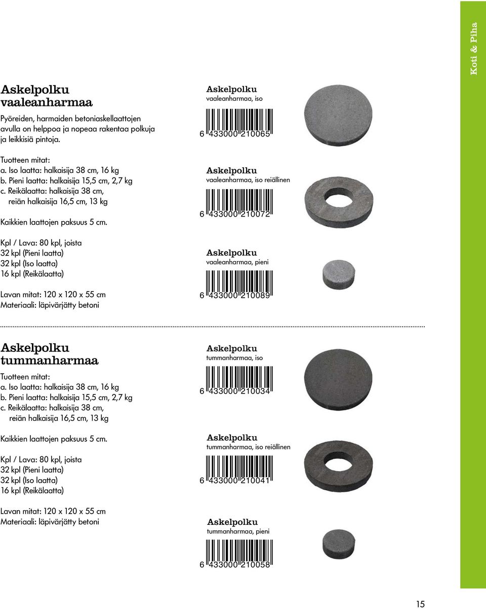 Kpl / Lava: 80 kpl, joista 32 kpl (Pieni laatta) 32 kpl (Iso laatta) 16 kpl (Reikälaatta) Lavan mitat: 120 x 120 x 55 cm Materiaali: läpivärjätty betoni Askelpolku vaaleanharmaa, iso 6 433000 210065