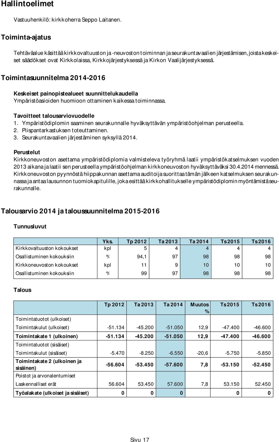 Vaalijärjestyksessä. Toimintasuunnitelma 2014-2016 Keskeiset painopistealueet suunnittelukaudella Ympäristöasioiden huomioon ottaminen kaikessa toiminnassa. Tavoitteet talousarviovuodelle 1.