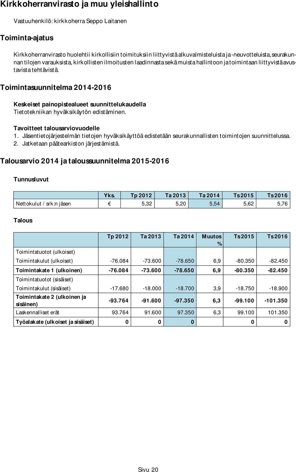 Toimintasuunnitelma 2014-2016 Keskeiset painopistealueet suunnittelukaudella Tietotekniikan hyväksikäytön edistäminen. Tavoitteet talousarviovuodelle 1.