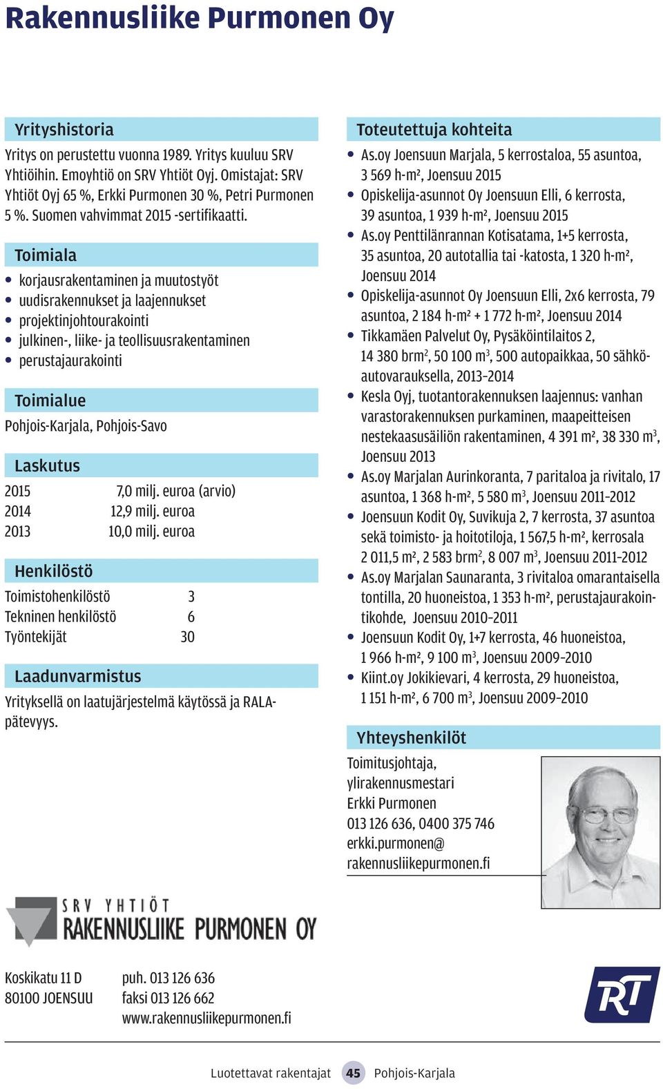 korjausrakentaminen ja muutostyöt uudisrakennukset ja laajennukset projektinjohtourakointi julkinen-, liike- ja teollisuusrakentaminen perustajaurakointi Pohjois-Karjala, Pohjois-Savo 2015 7,0 milj.